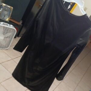 SHEIN Black Faux Leather Sheath Midi Dress Long Sleeve Crew Neck